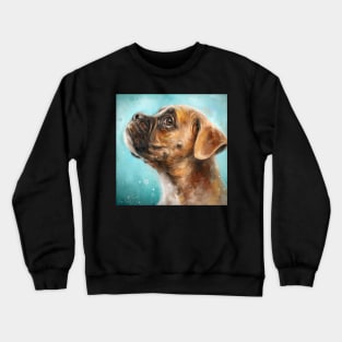 Painting of a Brown and White Boxer Dog on Green Background Crewneck Sweatshirt